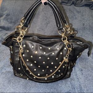 Charming Charlie Shoulder Handbag Purse Black Gold Rhinestones-EUC